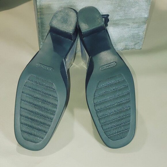 Coach Black Leather Size 7.5 Block Heels Slip On Mules Loafers Iris Suede Square - Picture 4 of 14